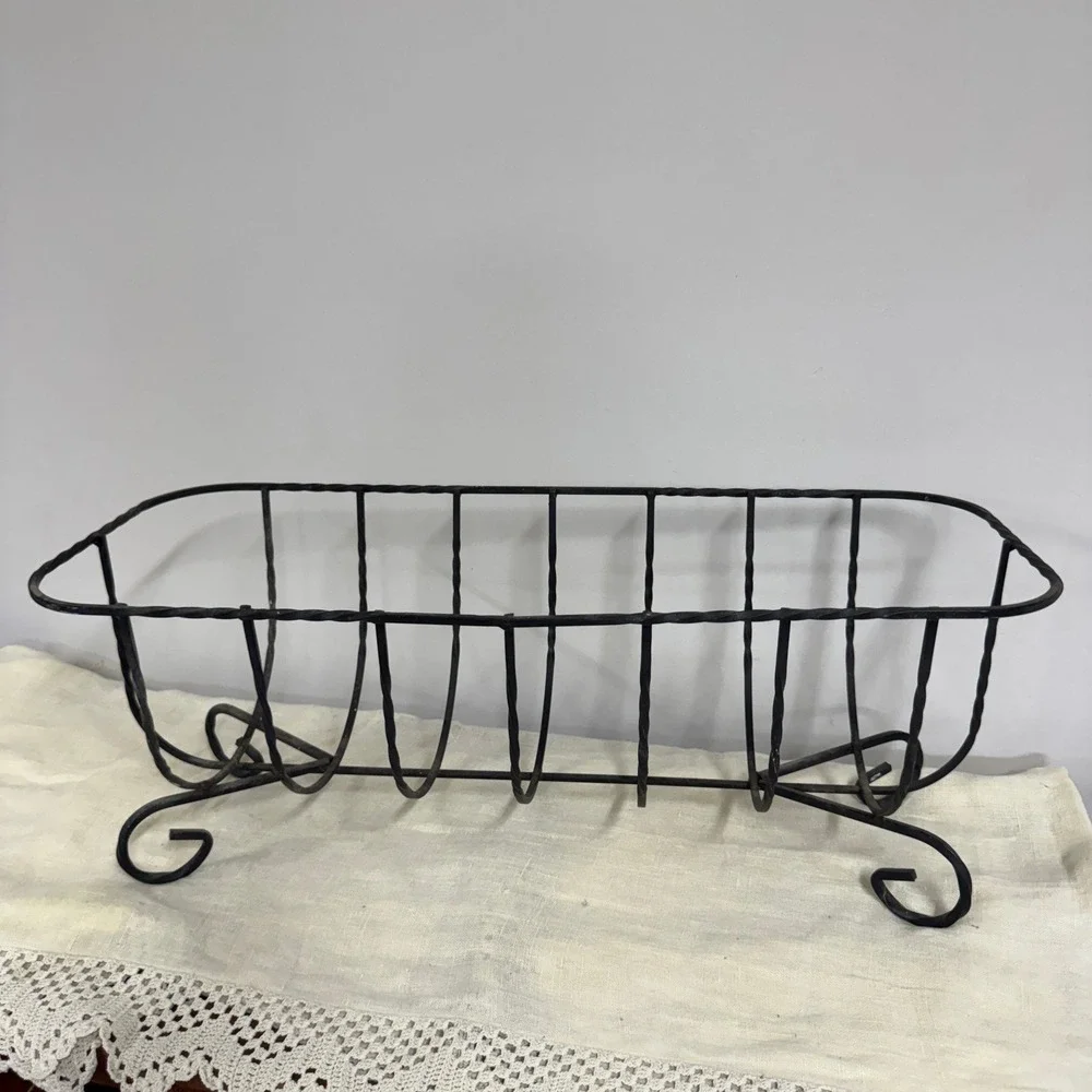Vintage Primitive Wrought Iron Wire Basket Twisted Metal Scrolled Feet Black
